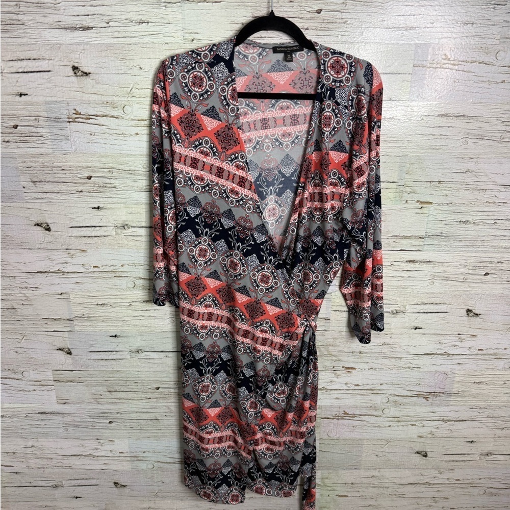 Banana Republic Wrap Dress paisley pattern blue pink size xl long sleeve
